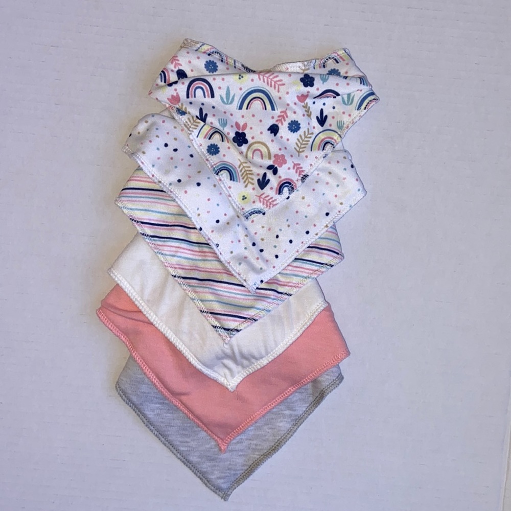 Modern baby lot of six assorted snap close adjustable bandana bibs.